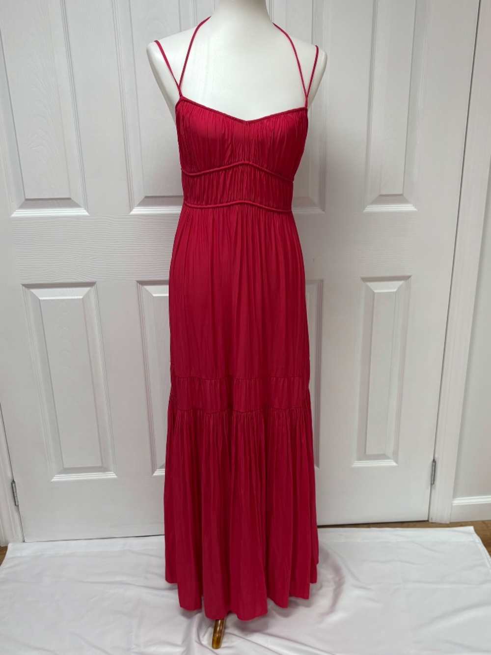 Unsubscribed Cranberry Red Crinkled Ruched Maxi Dress -‎ Size XS.